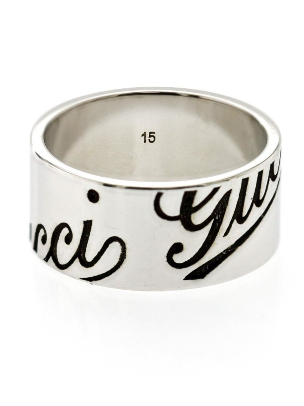 GUCCI Black Cursive Logo 18K White Gold Wide Ring Size 7 - Picture 3 of 4